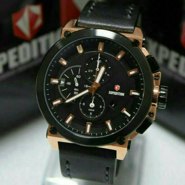 JAM TANGAN PRIA EXPEDITION  E 6612 BLACK ROSEGOLD LEATHER BLACK
