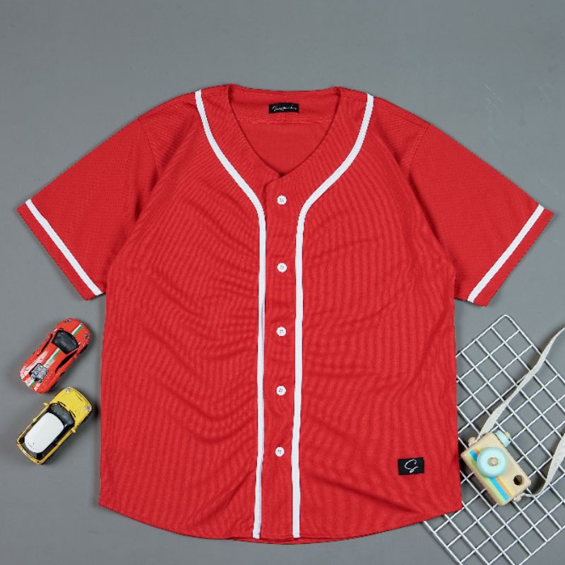 Jersey baseball polos merah list putih pria wanita cod