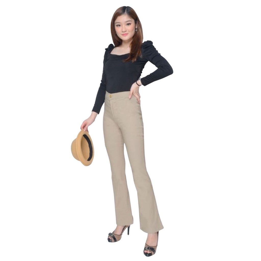 BESS - Celana Cutbray Highwaist Cotton Strench Wanita - CREAM
