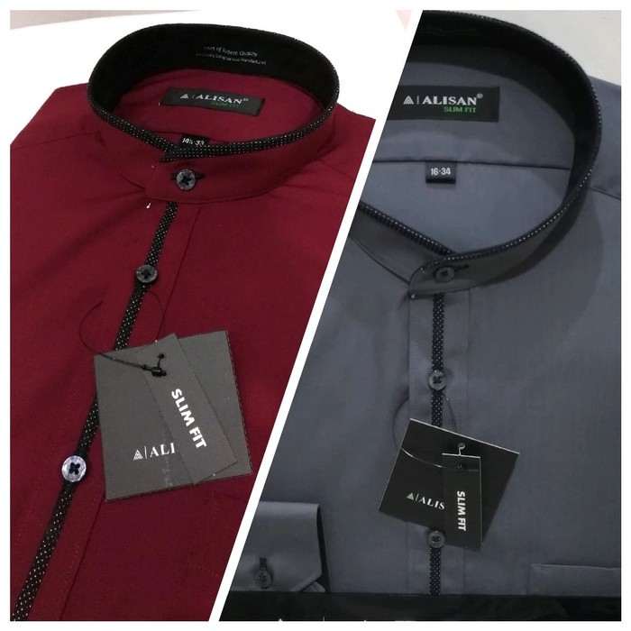 Kemeja Pria Alisan Kerah Koko List Hitam Slimfit Panjang Marun Abu Tua - Abu-abu S