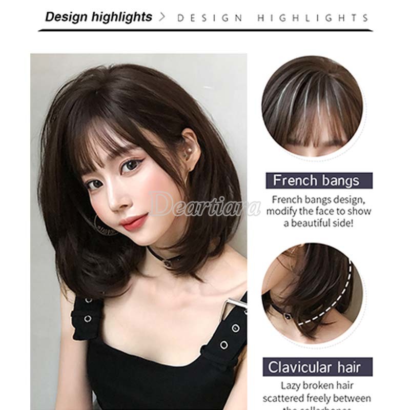 Wig / Rambut Palsu Sintetis Panjang Sebahu Warna Hitam / Coklat Dengan Poni Untuk Wanita