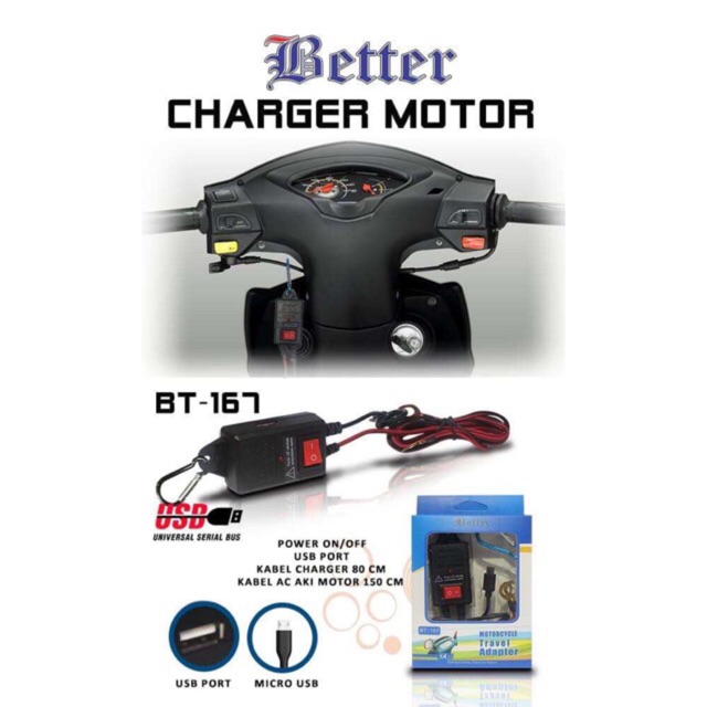 CHARGER CASAN MOTOR MURAH BETTER BT-167 /  BT-189 CHARGE CHAGER HP DI MOTOR BUAT GO-JEK GRAB