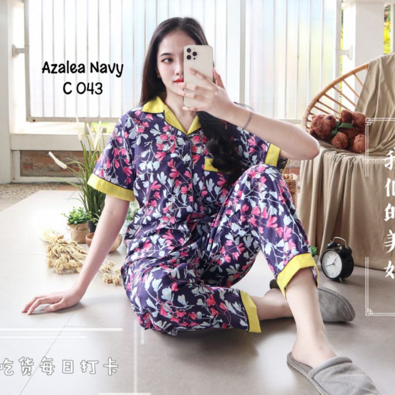 Baju Tidur Piyama Wanita Dewasa Piyama Baju Santai Motif Bunga-Azalea navy kuning