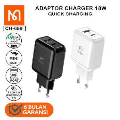 MCDODO CH-689 ADAPTOR KEPALA CHARGER DUAL OUTPUT PORT USB QC 3.0 + TYPE C PD 18W