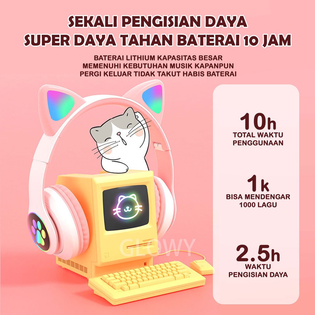 Hadiah ulang tahun telinga kucing baru bluetooth 5.0 headset nirkabel tren lucu headset olahraga hadiah ulang tahun headset gaming baterai super tahan lama 10 JAM