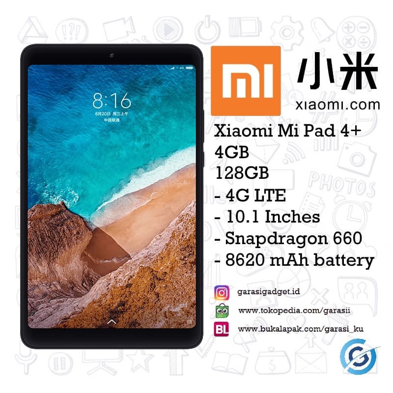 Xiaomi Mi Pad 4 Plus 4G LTE 4GB 128GB Garansi Distributor 1 Tahun - Hitam
