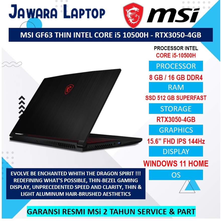 Jual Msi Gf63 Thin Intel I5 10500h Ssd 512 Rtx3050 4gb 15 6 Fhd Ips