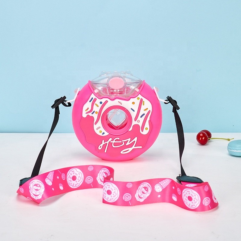 Botol Air Minum Anak TK SD Unik Bentuk Donat Portable Dengan Sedotan dan Tali Anak Cewek Perempuan-Fushia