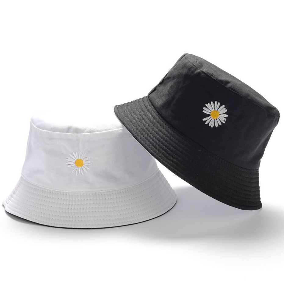 Topi Bucket dewasa Dua Sisi  Motif Bordir Bunga Daisy Bahan Drill premium / Bucket Bordir Bunga