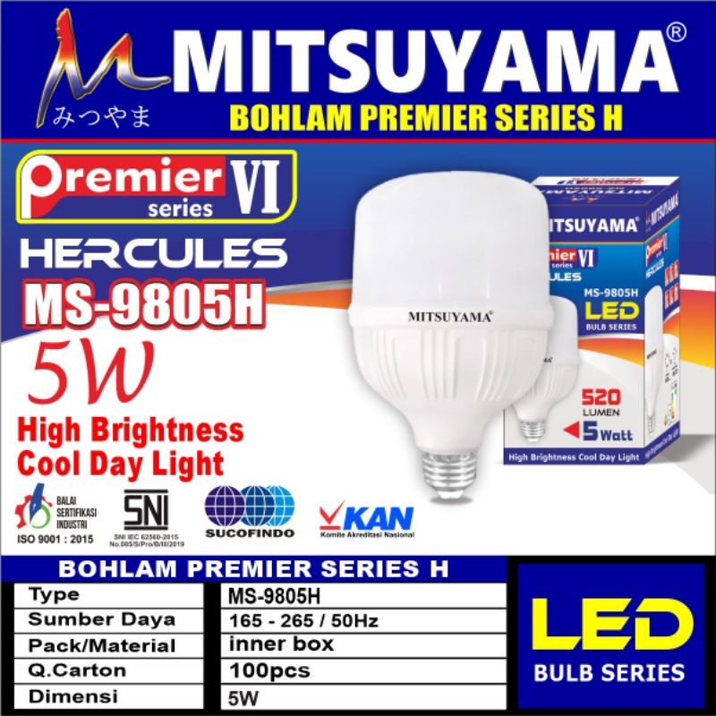 Bohlam lampu led garansi murah 5w 10w 15w 20w 30w 50w mitsuyama premier hercules