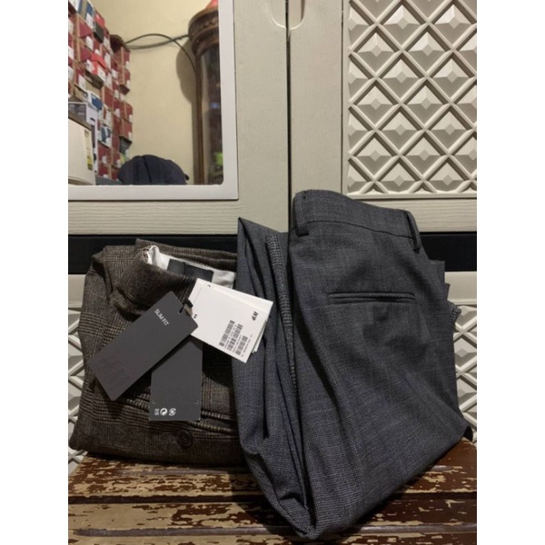 Original Trousers Textured Suit H&M Slim Fit Zara Celana Panjang Regular Fit .