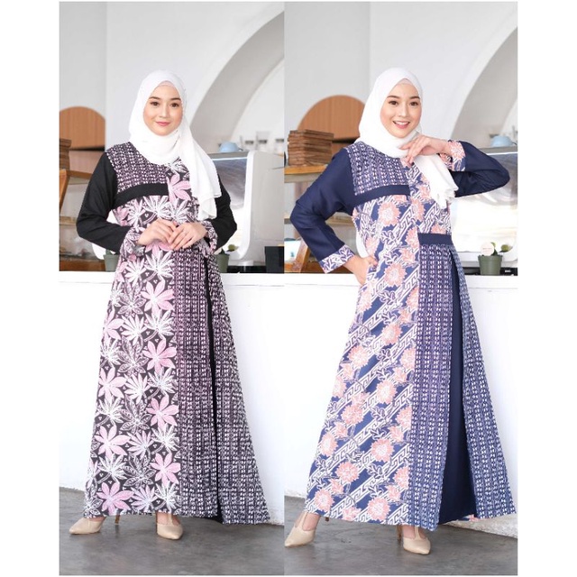 [SIAP KIRIM] Fatiya Dress Batik Lengan Panjang Baju Gamis Kombinasi Polos Hitam Navy