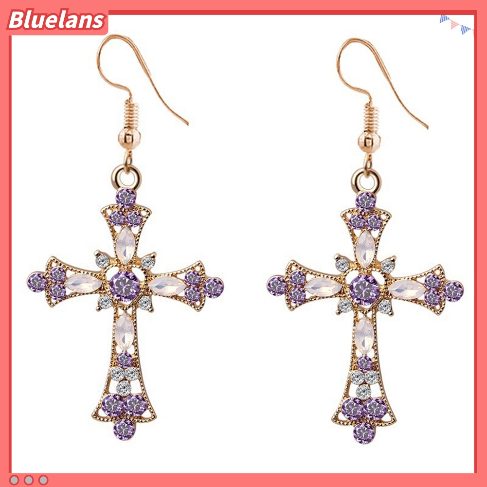 Bluelans Women Rhinestone Inlaid Cross Pendant Chain Necklace Hook Earrings Jewelry Set