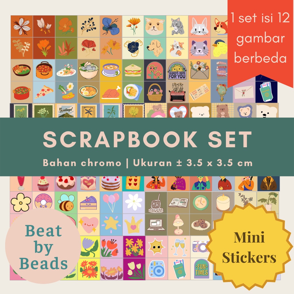 

Scrapbook Sticker Set | 12 Pcs/set | Stiker Kotak Kecil Aesthetic Tumblr Kawai Lucu Untuk Journalling Bujo Deco Freebies Gift Seal | BeatbyBeads
