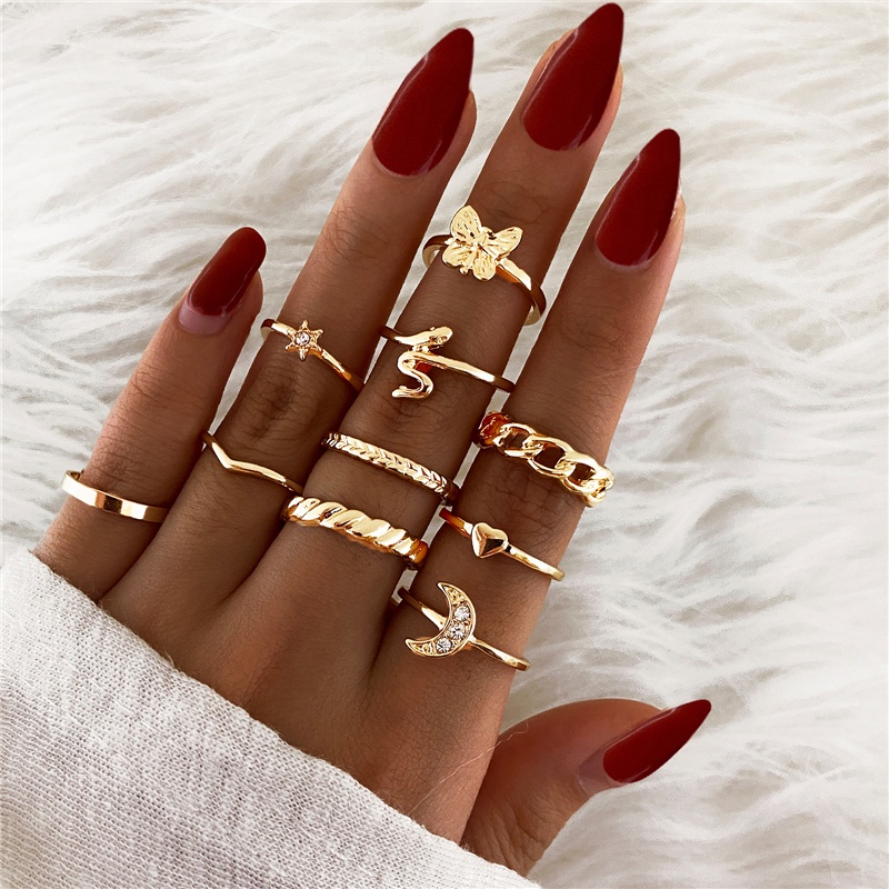 Vintage Gold Rings Set Pearl Crystal Adjustable Snake Butterfly Ring for Women Jewelry Fashion Accessories