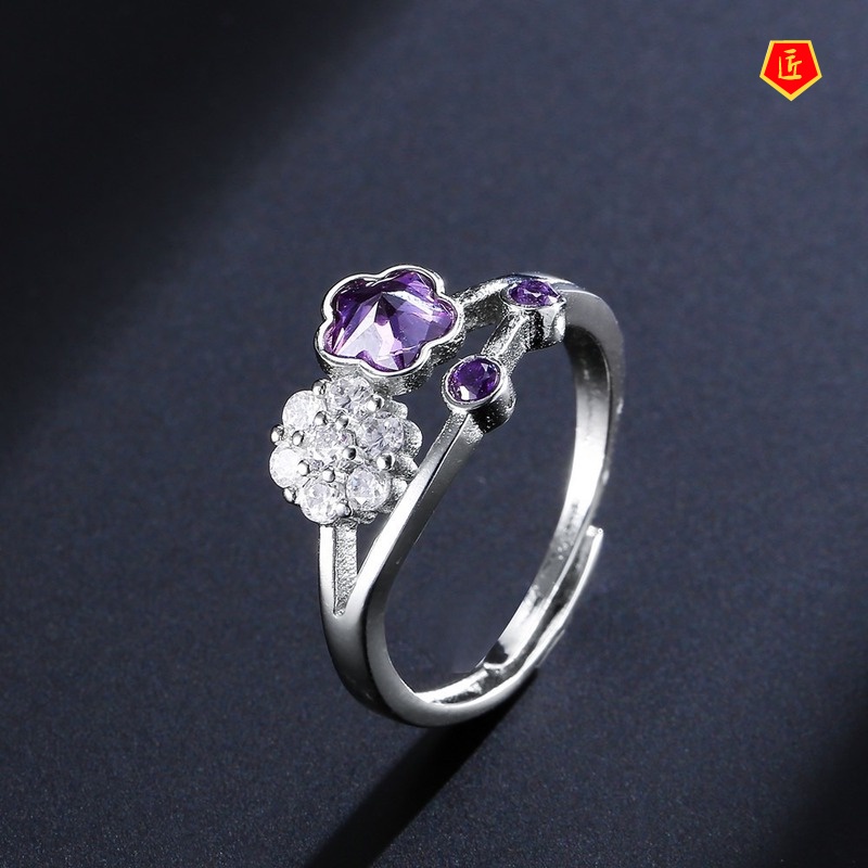 [Ready Stock]Women's Platinum Flower Amethyst Ring