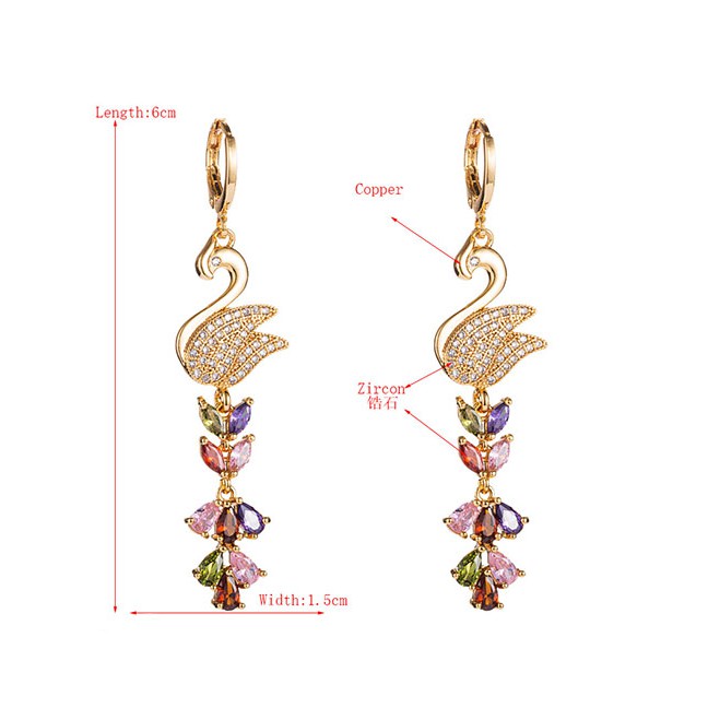 LRC Anting Tusuk Fashion Color Swan Leaf Zircon Tassel Earrings D66105
