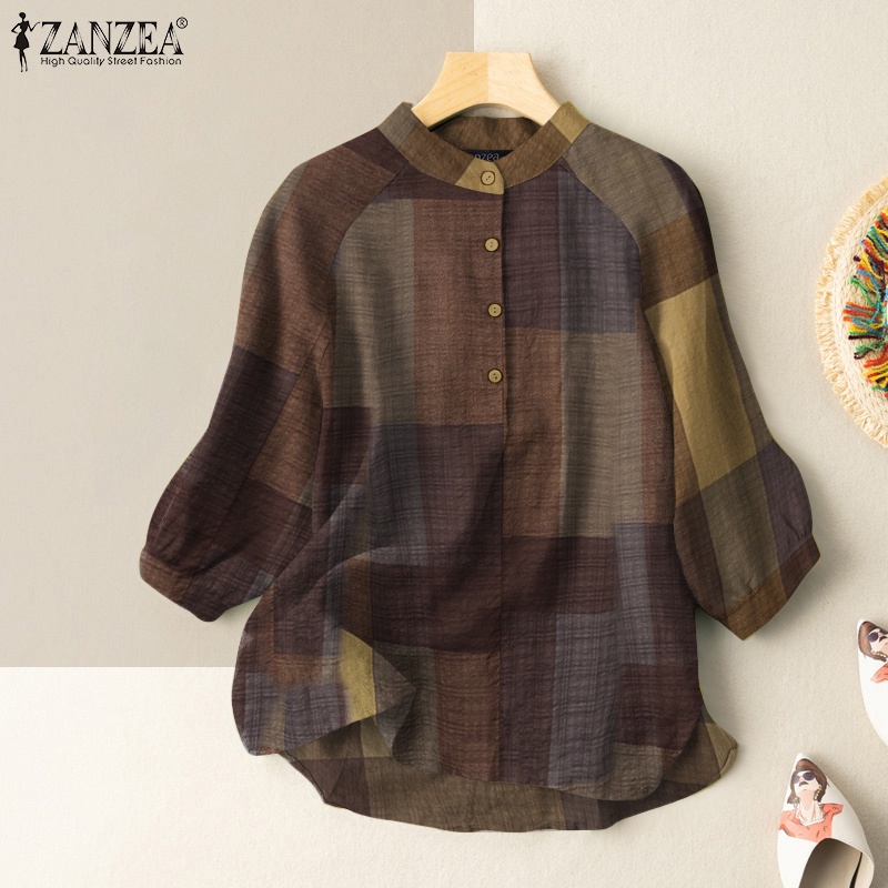 ZANZEA Womens Daily Casual O Neck Plaid Printed Loose Blouse