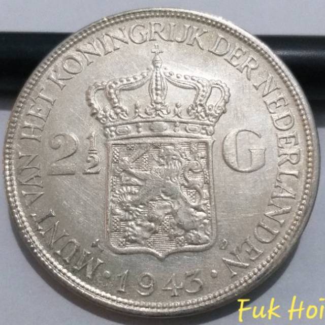SWILH2.5G-2.. 1 PC KOIN PERAK KUNO ASLI 2.5 GULDEN WILHELMINA TH 1943. -- SILVER COIN --