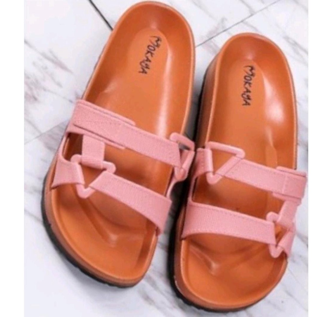 Sandal Slop Jelly Wanita Semi Gunung Tali Sambung Segi Tiga Kanan Kiri Sol Coklat Trendy Import Mokaya / Size 37-41 (1801-B11)