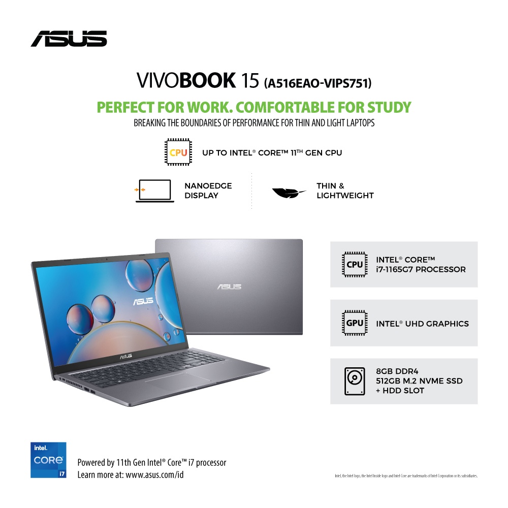 Asus A516EAO-VIPS751 /Core i7-1165G7/8GB/512GB SSD/15.6″/Win 10 Home+OHS 2019