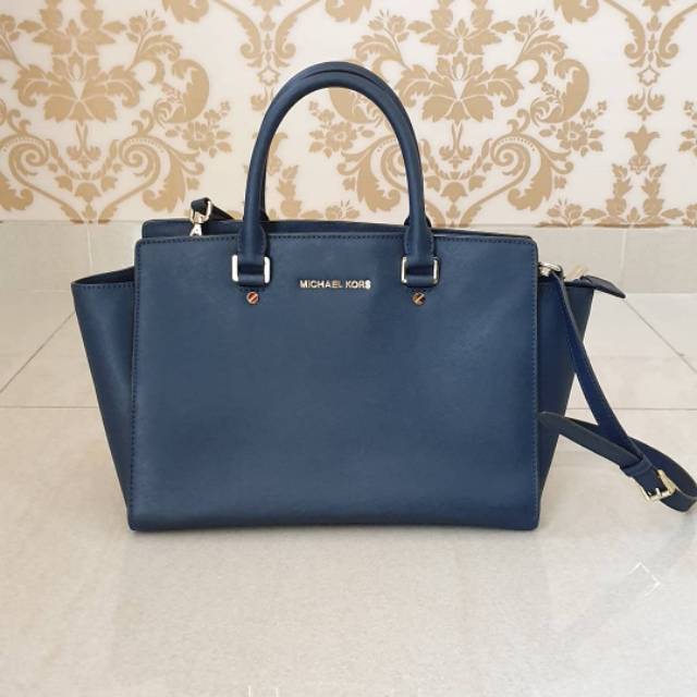 Original Michael Kors MK Selma Large Saffiano Leather Navy Handbag - Tas MK preloved