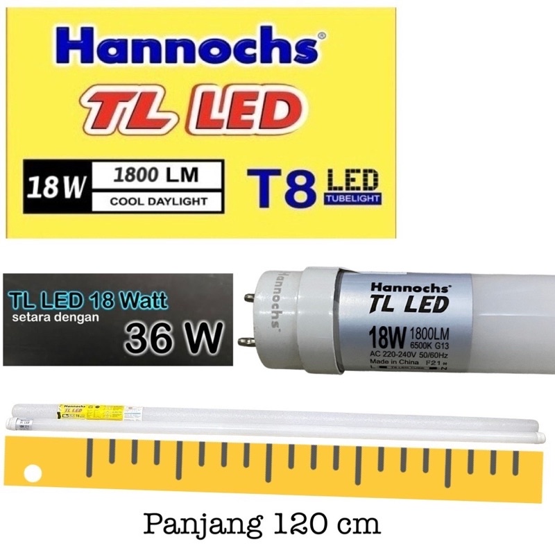 Lampu TL T8 LED Hannochs 18 Watt model neon cahaya putih