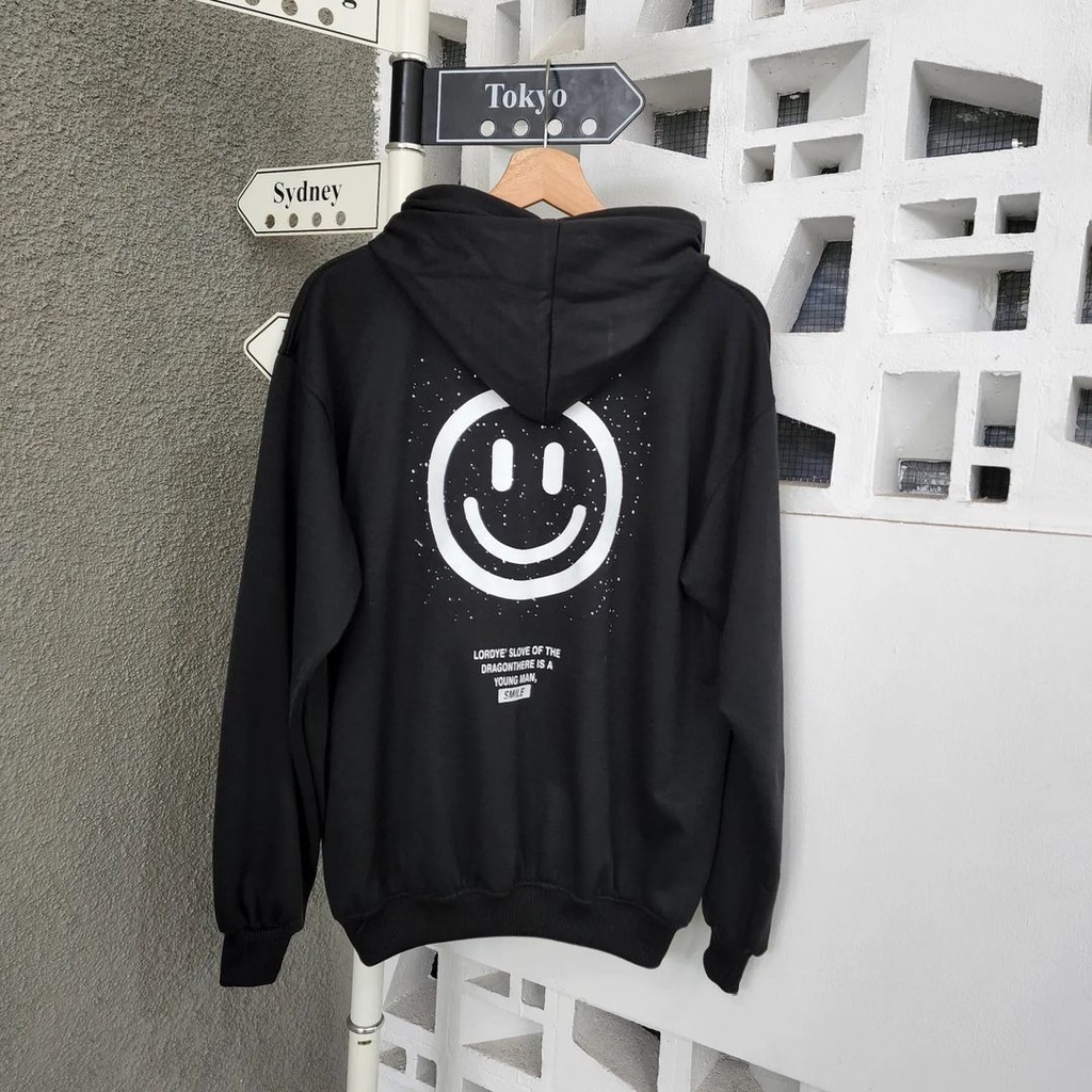 Hoodie Hitam Cewek &amp; Cowok Terbaru Umardenim Motif Smile Bahan Fleece Korean Style