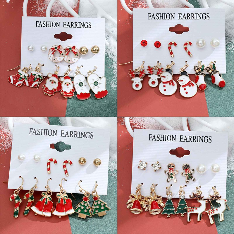 Fancyqube 6 Pasang / Set Anting Desain Kartun Pohon Natal Gingerbread Man Snowflake Untuk Wanita