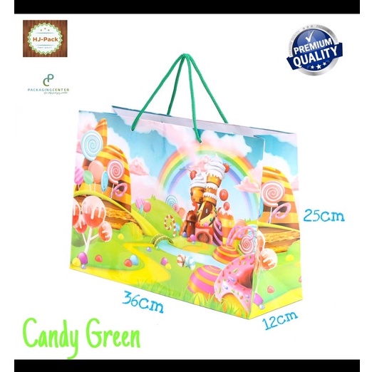

PAPERBAG MOTIF CANDY GREEN UKURAN 36X12X25CM / TAS KERTAS MOTIF / GOODIEBAG MOTIF MIN ORDER 10PCS