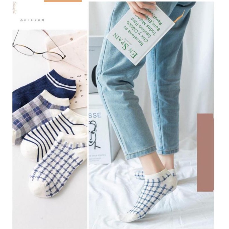 [ COD ] Kaos Kaki Wanita Pria Unisex Motif Garis Kotak Simple Polos Biru Dongker / Kaoskaki Wanita Pendek Semata Kaki / Kaos Kaki Korea Style-1