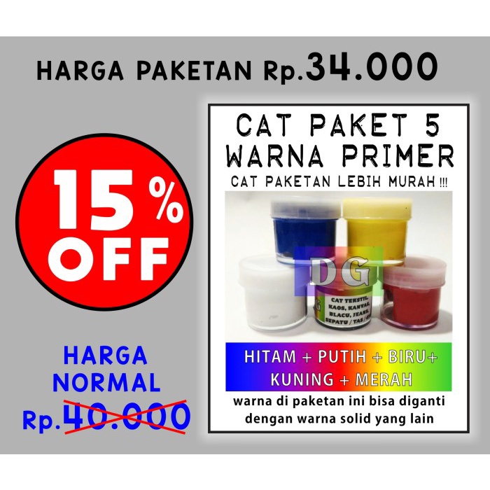 

(DISKON TERMURAH) Cat Tekstil / Lukis utk kaos / kanvas / tas / sepatu - paket 5 warna - Paket 5 Warna
