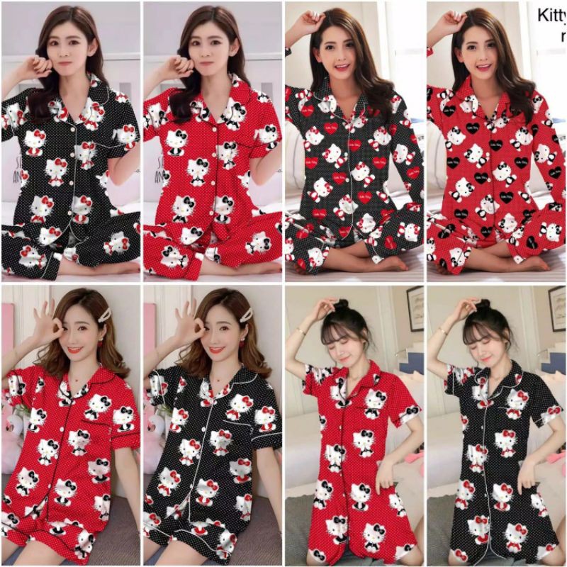 Pjs.fashions BAJU TIDUR PIYAMA DEWASA HELLO KITTY LOVE HITAM&MERAH