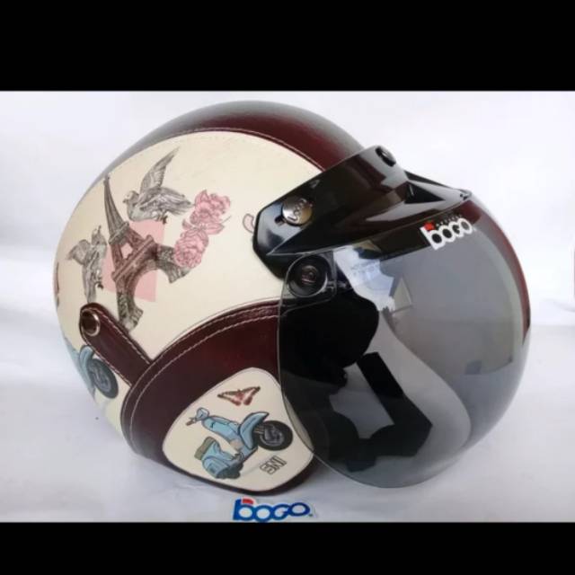 Helm Retro Bogo ORI SNI Motif Paris coklat bukan INK KYT MDS Zeus