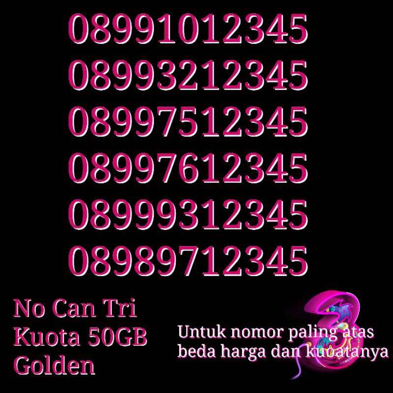 Nomor Cantik NOCAN 11 Digit 12345 Kartu 3 Three Tri 4G LTE Kuota 50 GB