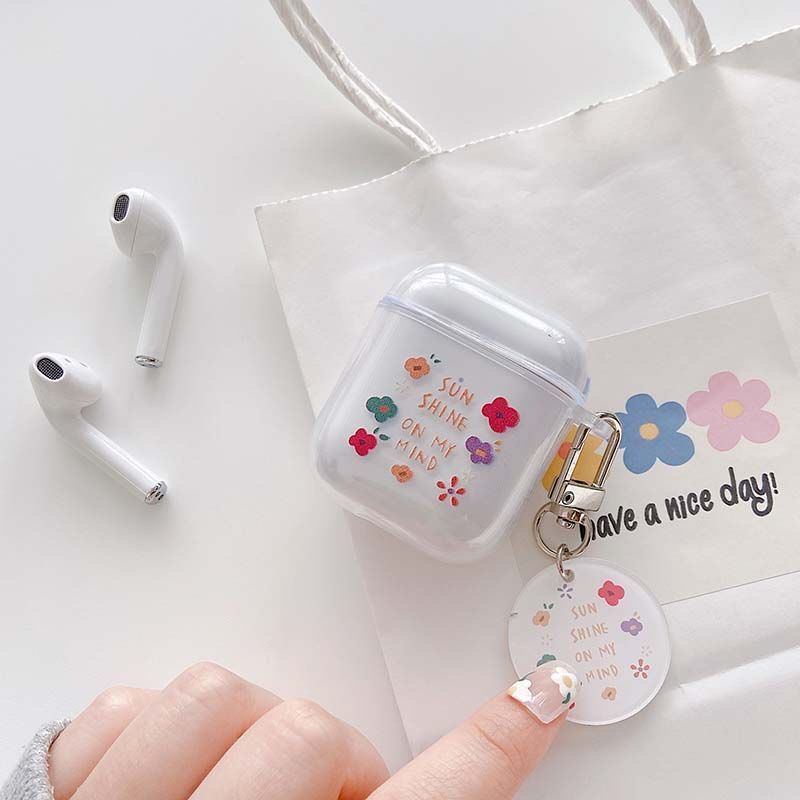 Case Bening AirPods 1 2 i12 Casing Pelindung Earphone Transparan Motif Bunga Gantungan Kunci