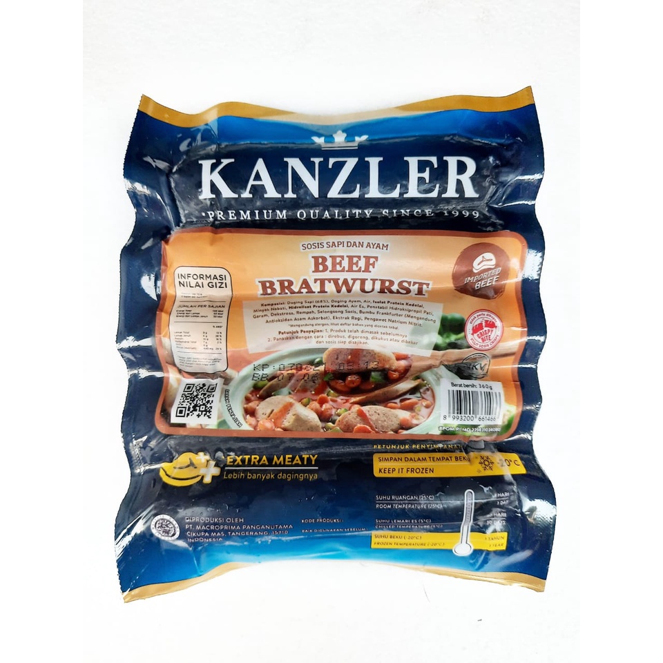 

Kanzler Beef Bratwurst Sosis Sapi dan Ayam 360 Gram Isi 5 Pcs