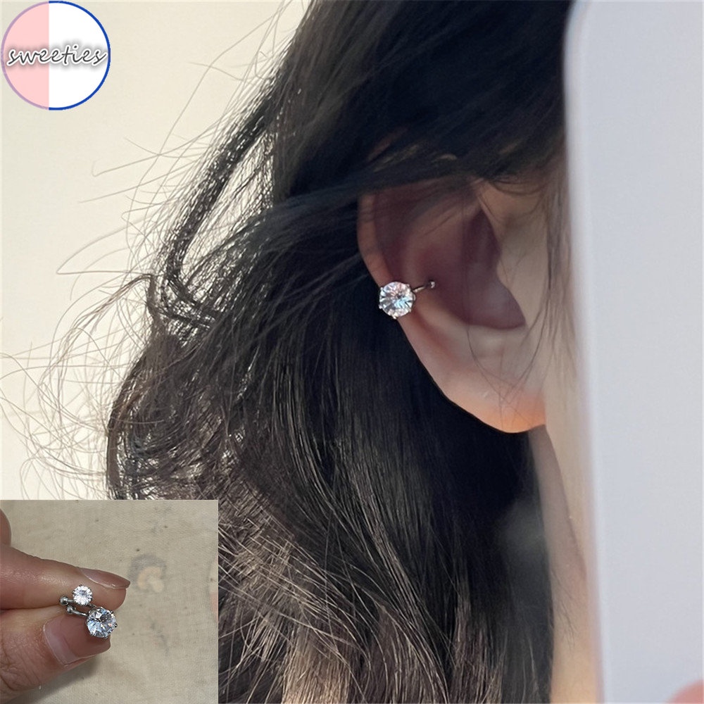 2pcs Anting Klip Mini Tanpa Tindik Bahan Silver 925 Hias Berlian Imitasi Untuk Wanita