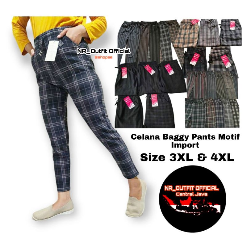 Celana Baggy Pants Wanita Motif Kotak-Kotak &amp; Salur Import Bahan Stretch Melar Fit To 3XL-4XL