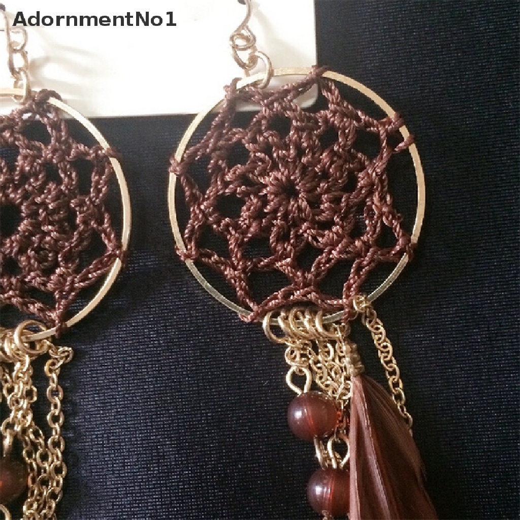 (AdornmentNo1) Anting Gantung Panjang Kait Gaya Etnik Bohemia Motif Dream Catcher Aksen Bulu + Manik-Manik Untuk Wanita