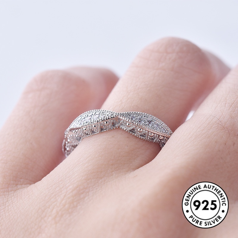 Cincin S925 Silver Bentuk Bulat Model Hollow Aksen Berlian Untuk Wanita