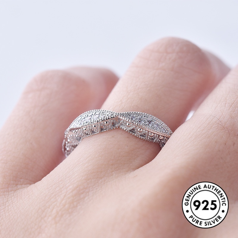 Cincin Tunangan Silver S925 Aksen Hollow + Berlian Imitasi Untuk Perhiasan Wanita