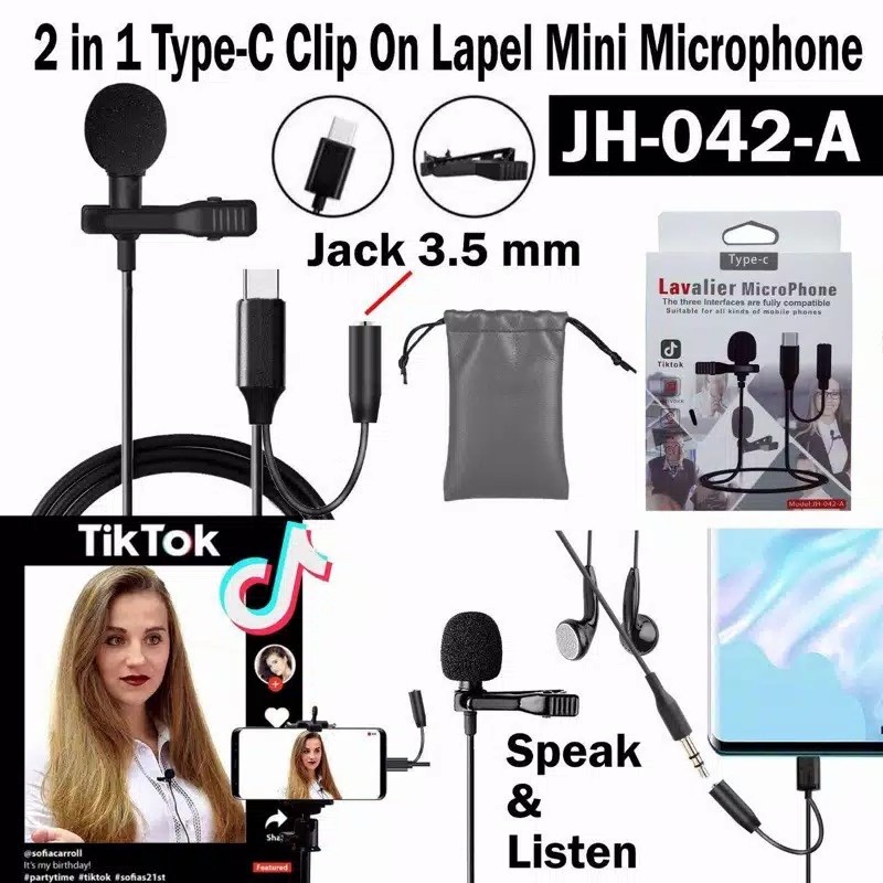 Microphone Lavalier Mic Clip On Type C + 3.5mm jack tiktok zoom smule