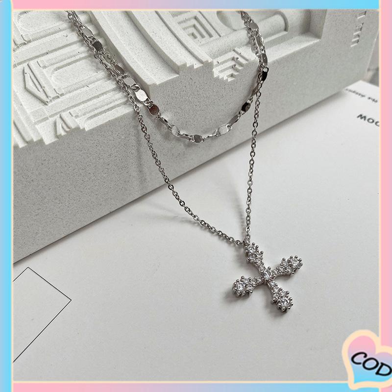 COD❤️ Hip Hop Cross Double Layer Necklace Feminin Fashion Micro Inlaid Zircon Pendant-A.one