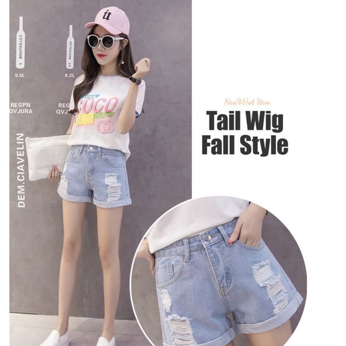 Celana pendek denim robek berpinggang tinggi versi Korea pakaian wanita hot pants kaki lebar longgar Cocok untuk semua usia