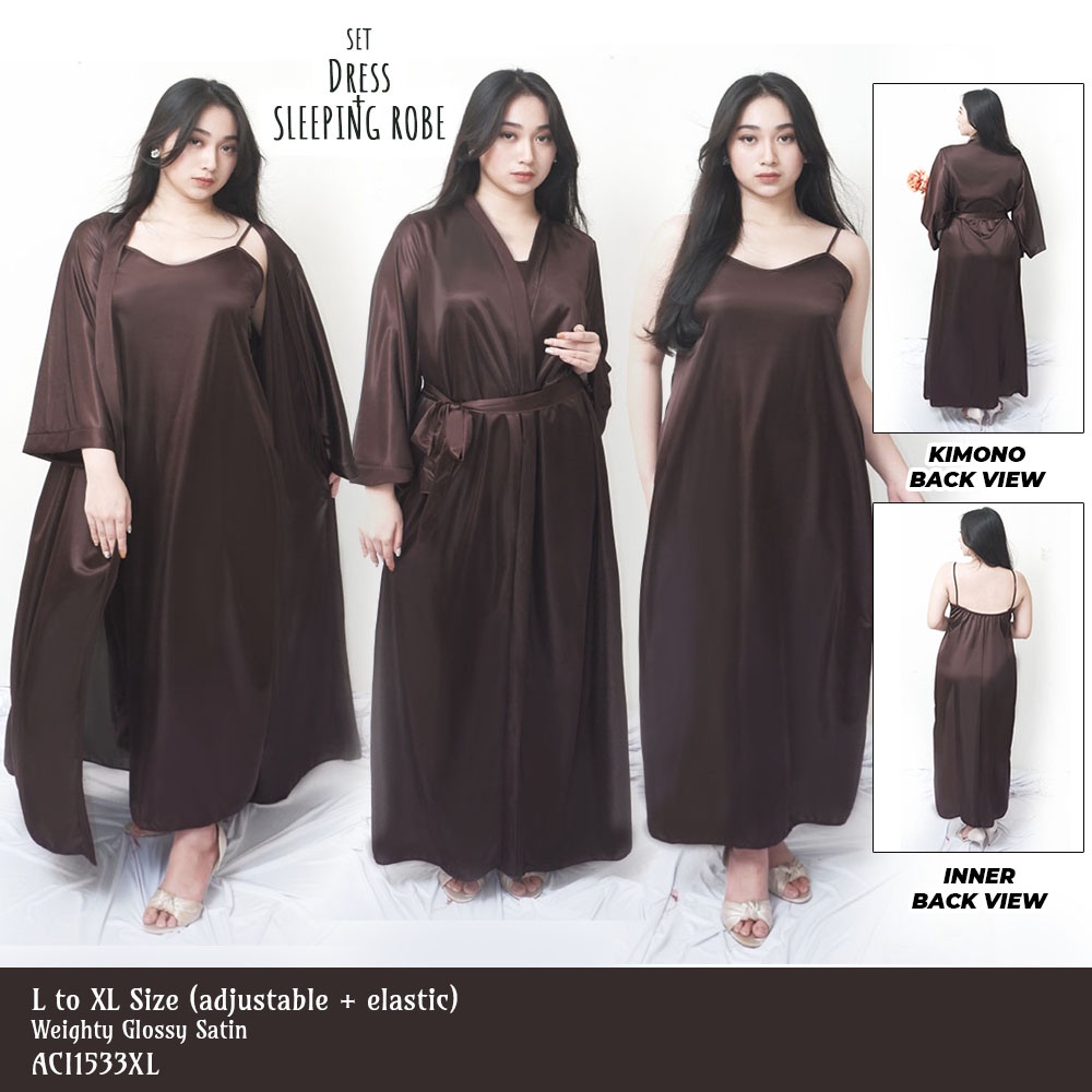 FOLVA kimono panjang set lingerie satin 1533KGSET_XL coklat big size