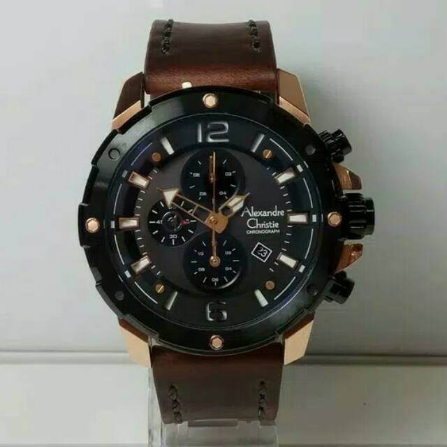 JAM TANGAN PRIA ALEXANDRE CHRISTIE AC 6410 COWOK ROSEGOLD BLACK LEATHER BROWN / ROSE GOLD HITAM