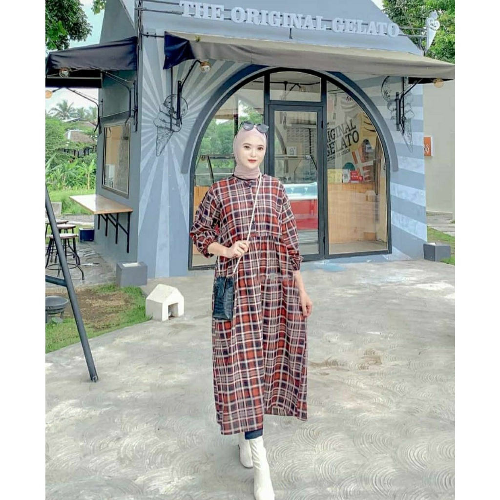 HAKO MIDI DRESS / MIDI DRESS MOTIF KOTAK KOTAK / MIDI DRESS BUSUI / MIDI DRESS RAYON VISCOSE /  MIDI