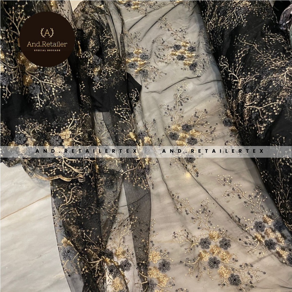 Bahan Kebaya Mewah Brokat Hitam Embroidery Stone Mutiara Athena 2 tone Warna Gold Emas