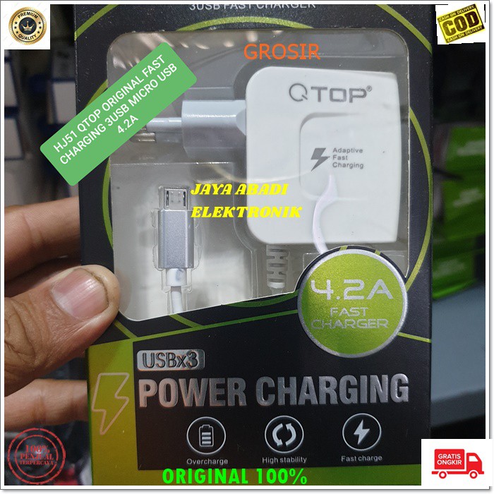 J82 ORIGINAL QTOP 4.2A ADAPTOR FAST CHARGING 3 USB TRAVEL ADAPTOR CHARGER FLASH CAS CASAN MICRO USB  3in1 adaptor hp micro usb cas casan super fast charging travel charger flash charge quick qualcomm adapter adaptive watt w kabel data androit handphone qu